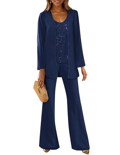 Chiffon Pant Suits for Women Dressy Wedding 3 Pieces Mother of The Bride Pantsuits for Wedding