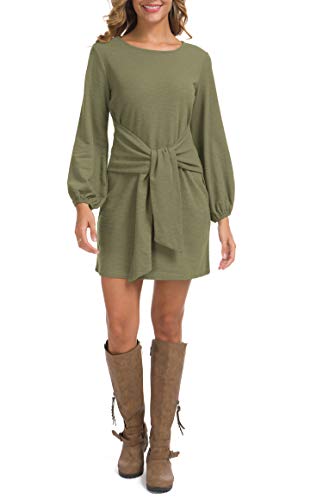 Lionstill Women's Elegant Long Sleeve Dress Casual Tie Waist Sweater Dresses Army Green Medium