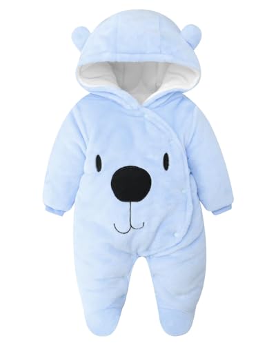 JiAmy Baby vinter fleece overall med huva flickor pojkar snödräkter varm sparkdräkt kläder 9–12 månader blåbjörn