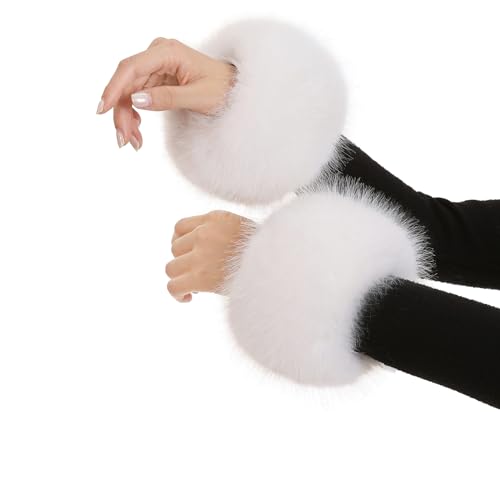 Roniky Womens Faux Fur Wrist Cuffs Winter Fox Furry Wristbands Fluffy Fur Cuff Bracelets Arm Warmers (White One Size)