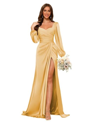 Dessiny Plus Size Sweetheart Satin Ruched Bridesmaid Dresses 2026 for Women Long Sleeves Side Slit Mermaid Prom Dresss US28W Gold
