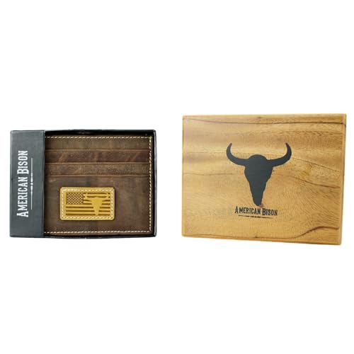 American Bison Men’s Leather Credit Card Holder – Embossed Bison Skull & American Flag Slim Wallet with ID Window, 3 Card Slots, Slide Pocket – Wooden Gift Box (Brown)3
