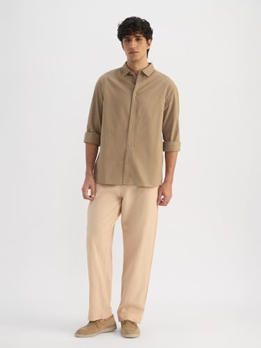 Image of The Souled Store Solid Linen: Beige Color Men and Boys Regular Outdoor Fit Full Sleeve Collared Neck Spread Collar Casual Wear Stylish Comfortable Premium Elegant Cotton Shirts