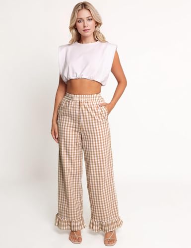 Flygo Women's Gingham Pants Y2K Cotton Wide Leg Ruffle Hem Lounge Pants Plaid Elastic Wasited Trouser with Pockets2