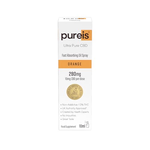 Pureis CBD Oil, Ultra Pure, Fast Absorbing - Orange Flavour Oral Spray - 280 mg = 10 mg of CBD per use - 0% THC, Non-Addictive, Vegan, Gluten-Free - 10 ml