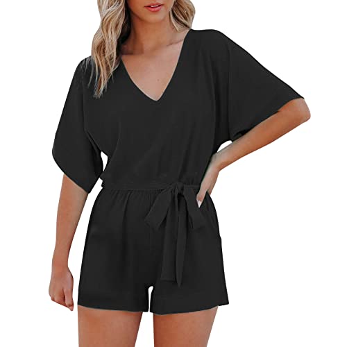 Hanaturu Pelele de mujer Dressy Verano 2023 Cuello en V Manga Corta Pantalones Cortos de Pierna Ancha Mono Sexy Daily Beach Overalls, 01-negro, M