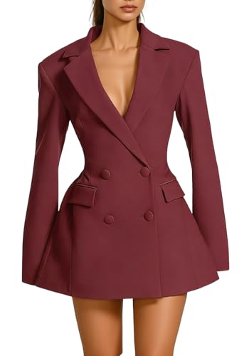 LAJIOJIO Womens Elegant V Neck Lapel Long Sleeve Button Pleated Cocktail Mini Blazer Dress Red