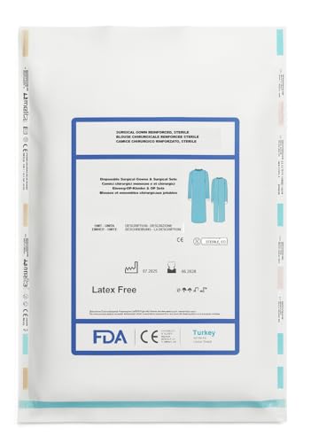 Image of Disposable Isolation Gowns for Medical, Dental and Lab, Poly-Reinforced SMS Fabric, Level 3 Sterile, Latex-Free, Long Cuffed Sleeve, One Size, Blue - Pack of 10