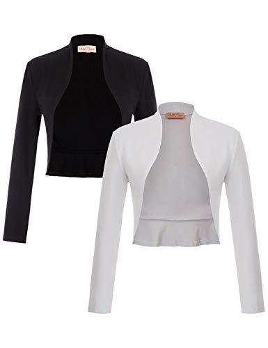 Belle Poque Women's Vintage Cropped Bolreo Jacket Open Front Long Sleeve Shrug Cardigans Shrug (Black&White,M)