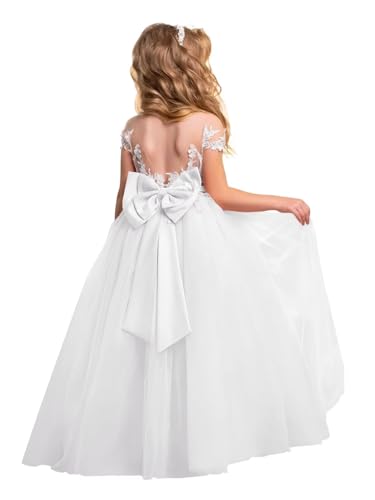 Lace Applique Flower Girl Dress for Wedding Kids Puffy Tulle Satin Long Princess Pageant Bowknot Prom Ball Gowns