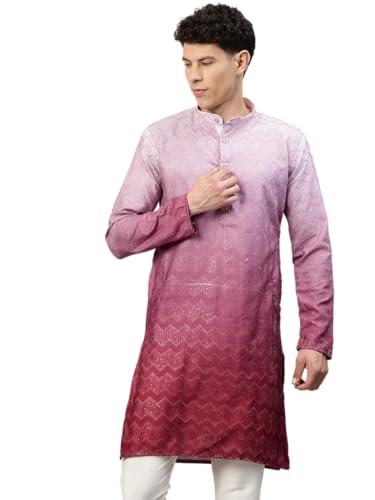 Image of Luxrio Men's Ombre Shaded Sequence Self Embroidered Textured Long Kurta Full Sleeves - Casual Ethnic Wear
