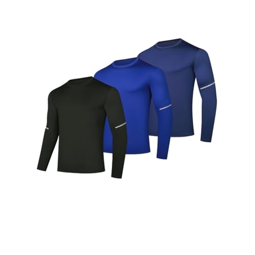 fovdtaa Paquete de 3 camisetas de manga larga con cuello redondo para hombre, para entrenamiento, correr, gimnasio, transpirables, deportivas, camisetas deportivas de manga larga, #3 - negro/azul/azul