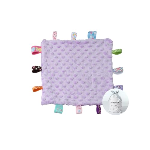 Image of CREVENT Tag Security Blankets for Babies, Soft Small Loveys for Girls, Baby Comforter Sensory Blanket, Great Gifts for Birthday Baby Shower (10"X10" Purple Tag)