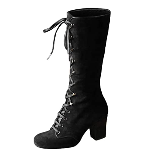 Faux Suede Mid-Calf Height Boot for Women, Casual Lace up Chunky High Heels Booties Winter Warm Vintage Gothic Boots Shoes3