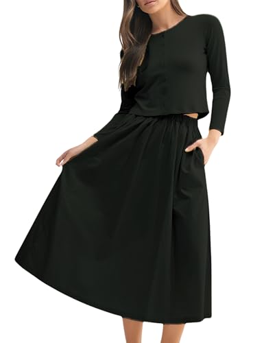 Women's Fall Skirt Set Crew Neck Cardigan Sweater Midi Skirt