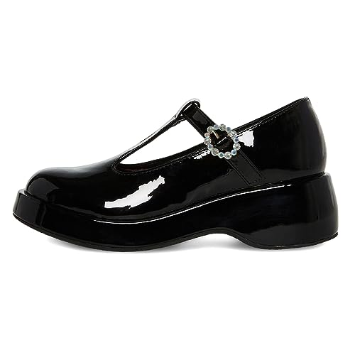 FYS Women Rhinestone Buckle Round Toe Pumps T Strap Mary Janes Platform Chunky Mid Heels Uniform Lolita Party Shoes Size 4-16 US2