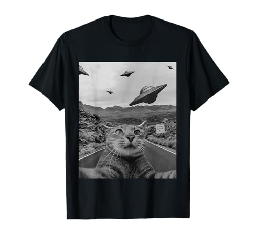 Flying UFO Alien Cat Selfie Lover - T-Shirt UFO Funny Cat - Noir, Unisex-Adulte, S, Manche courte, Coupe classique, Col V, Caricature, Halloween