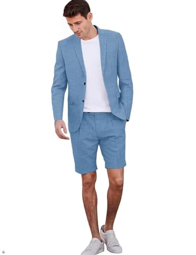 Mens Linen Suit 2 Piece Shorts Suits Slim Fit Wedding Casual Summer Beach Prom Tuxedo Blazer Short Pants Set