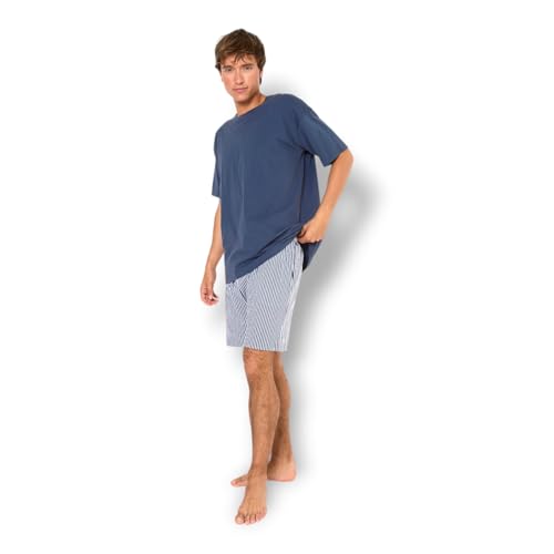 TRAMAS+ Pijama Hombre Verano 100% Algodón, Conjunto de Camiseta de Manga Corta y Pantalón Corto, Ropa de Dormir Fresca y Cómoda - M, Raya kodac, Azul Marino