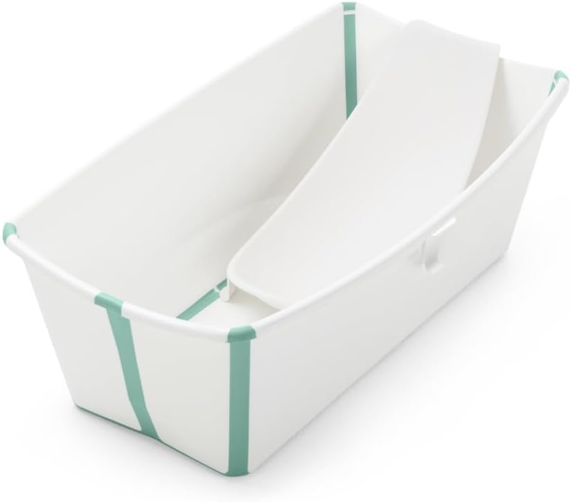 StokkeFlexi Bath Bundle - Foldable Baby Bath + Newborn Support - Durable & Easy to Store - Convenient to Use at Home or When Travelling - Best for Newborns & Babies Up to 48 Mths - White Aqua