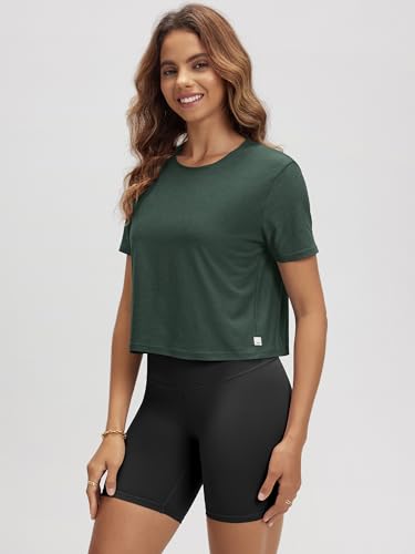 ODODOS Women's Performance Cropped Tee Ultra Soft Stratum Tech Short Sleeve Relaxed Top Crew Neck T-Shirts3
