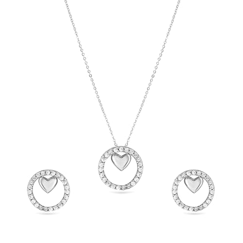 Image of Rubans Necklace Set Heart American Diamond & Cubic Zirconia Studded Circle Charm Pendant Jewellery Gift for Women & Girls