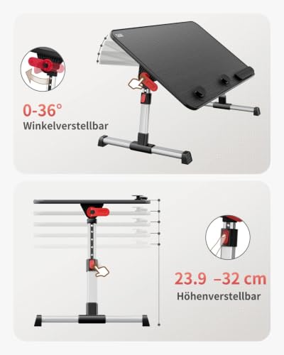 Image of SAIJI Laptop Table on Bed, Aluminium Alloy Laptop Desk 60cmx33cm, Adjustable & Foldable Laptop Table for Sofa /Floor, Height & Angle Adjustable, Non-Slip Wrist Rest & Retractable Stoppers - Black