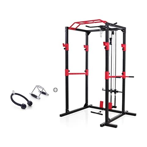 zoomyo Power Rack,Massive standsichere Stahlkonstruktion,Fitness Rack Set mit 2 Spottern, Klimmzugstange,Latzug und Ruderzug-für Anfänger und Fortgeschrittene (Power Rack mit Griffe-Set) Cover