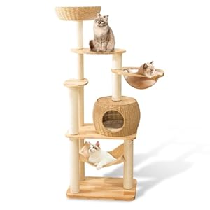 59″ Big Modern Cat Tree Tower, Cat Tower Sisal-Covered Scratching Posts for Indoor Cats, Oak Wood Cat Tree for Large Cats, Multi-Level Cat Condo with Space Capsule Nest, Cat Furniture Activity Centre