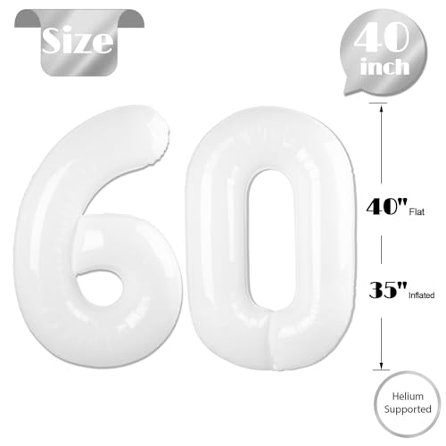 Image of White Number 60 Balloon 40 inch, Translucent 60 Number Balloons, 60th White Birthday Decorations for Women Men, 60 Year Old Party Supplies
