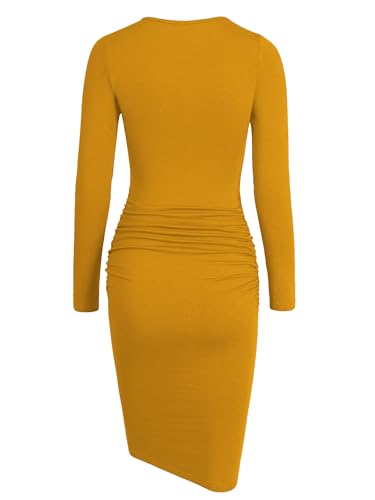 Image of Missufe Women's Long Sleeve Slim Ruched Bodycon Dress 2025 Trendy Fall Casual Round Neck Sheath Knee Length Outfits Clothes