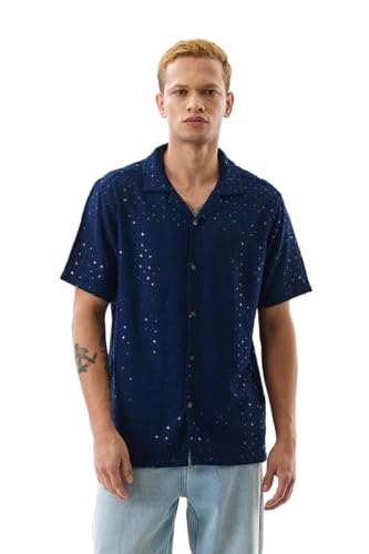 Image of SNITCH Men Casual Shirt | Regular Fit Half Sleeve Cuban Collar Textured Pattern with Embellished Sequins | 100% Viscose & Breathable Fabric for Everyday Wear