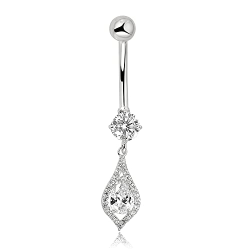 Image of AVORA 10K Gold Simulated Diamond CZ Teardrop Dangle Belly Button Ring Body Jewelry (14 Gauge)