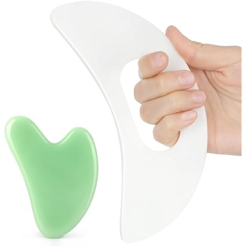 Jade Stone Gua Sha Massage Tool Set Larger Guasha Board with Handle Muscle Scraping Massage Tools Facial Anti Cellulite Spa Acupuncture Tools for Back Neck Face Leg Massage, Lymphatic Drainage Cover