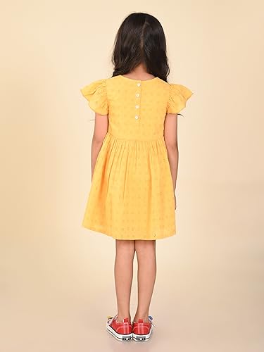 Image of LILPICKS Schiffli Embroidered Knee Length Fit n Flare DressFor Girls (Yellow)