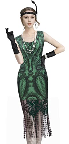 Image of Women 1920s Gatsby Flapper Dress Sexy Open Back Strap Fringed Cocktail Party Dress with 20s Accessories