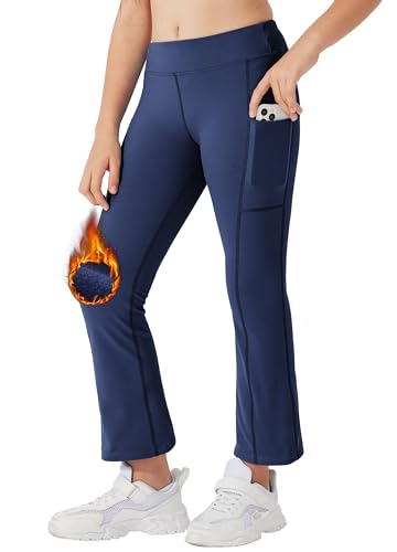 Willit Girls Fleece Lined Pants Flare Leggings with Pockets High Waist Yoga Pants Bootcut Water Resistant