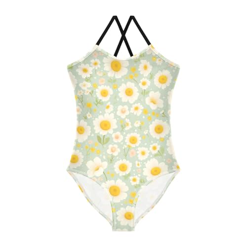KLL Polka Dots and Tender Chamomile Flowers Cartoon Girls' 1-Piece Swim Suit Beach Swimwear Adjustable Shoulder Strap Quick