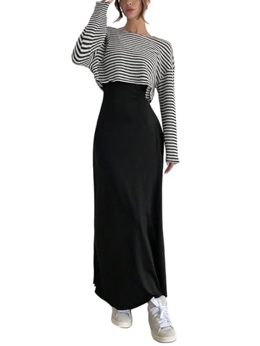 SweatyRocks Strickkleid Damen Winter Lang Zweiteiler Elegant Maxikleid Mit Pullover 2 Teiler Gestreift Herbstkleid Langarm Kleid Mit Oberteil Set...