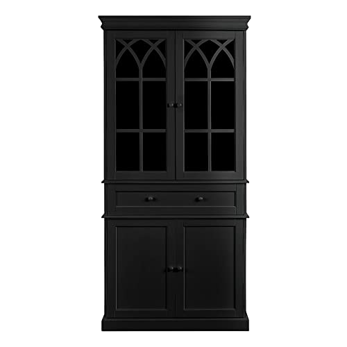 Image of Knocbel Classic 72" Tall Buffet Hutch Cabinet with Glass Doors, Drawer and Adjustable Shelf, Entryway Hallway Foyer Free Standing Display Showcase Cupboard Sideboard (Black)