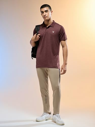 Image of TECHNOSPORT Men Polyester Self Design Polo Neck Half Sleeve T-Shirt with UPF50+, Double Cool for Gym, Sports and Regular Use