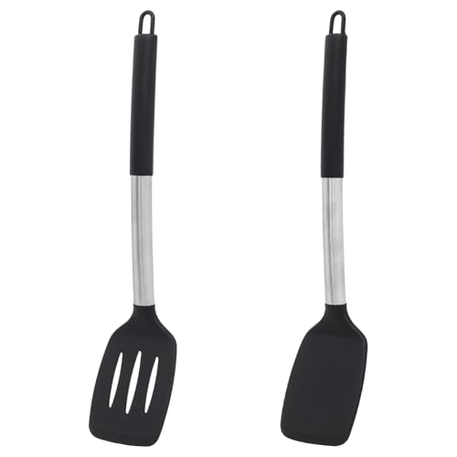 Yucenora Juego de 2 espátulas de silicona sólidas y ranuradas para utensilios de cocina antiadherentes para voltear peces, huevos, panqueques (negro)