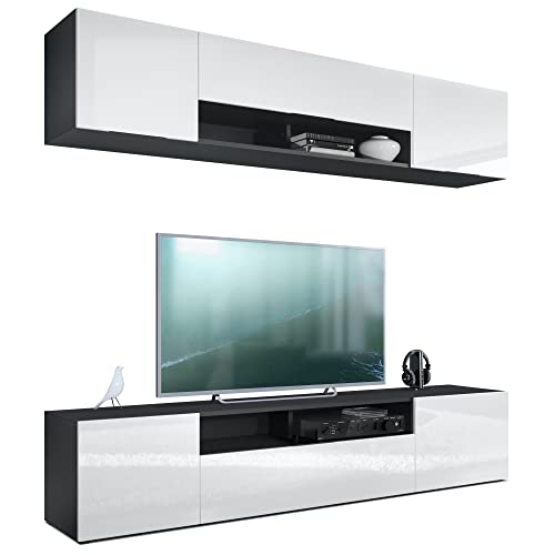 Vladon Wohnwand Mogan, Schwarz matt/Weiß Hochglanz - Moderne Anbauwand bestehend aus 2 TV-Boards (181 x 147 x 35 cm) Vladon Wohnwand Mogan, Schwarz matt/Weiß Hochglanz - Moderne Anbauwand bestehend aus 2 TV-Boards (181 x 147 x 35 cm)