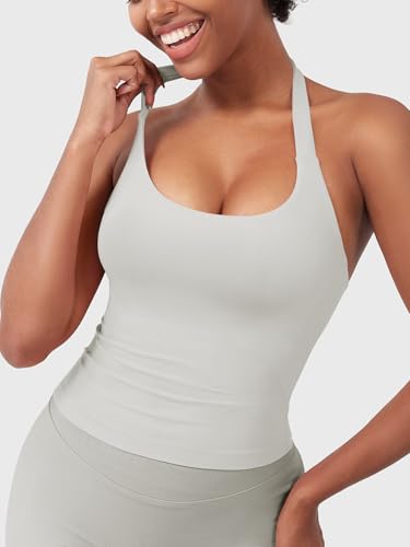 Image of YEOREO SoftHue Women's Impact Halter Tank Top Longline Backless Scoop Neck Built-in Bra Sports Workout Gym Crop Top
