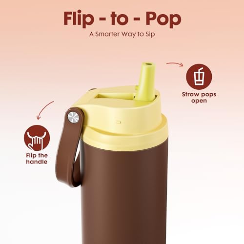 Image of Meoky 24 oz Insulated Stainless Steel Water Bottle: Flip-to-Pop Straw, Leak Proof, 24H Cold, Fits in Car Cup Holder, Carry Loop, BPA-Free, Wide Mouth Water Bottle for Adults Gym Bag, Honey