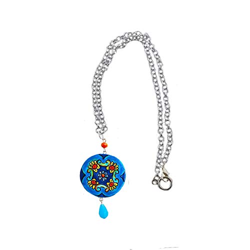 Arte Lisanti Collar con colgante pintado a mano – Círculo naranja y azul de Vietri – Collar con colgante pintado, medallón de cerámica pintado a mano, joya elegante totalmente pintada