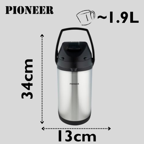 Pioneer 1,9 liter roestvrijstalen thermoskan met hendel, lekvrije fles voor warme en koude dranken, eenvoudige pompdispenser voor evenementen met theelabel