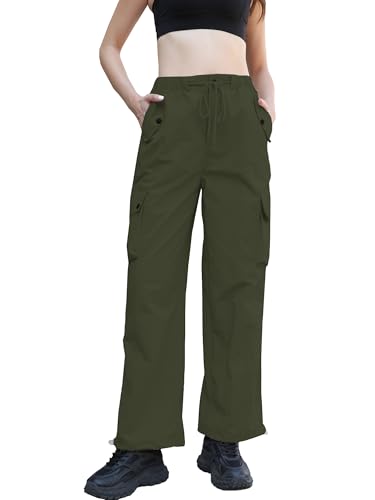 Image of Betusline Girls & Women's High Waist Wide Leg Cargo Pants Y2K Parachute Pants with Pockets and Drawstring 6 Years-Women 2XL