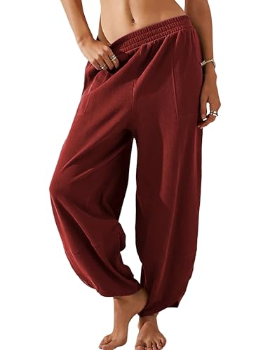 Image of Himosyber Women Cotton Pants Wide Leg Pants Casual Loose Baggy Elastic Waist Beach Palazzo Harem Pants