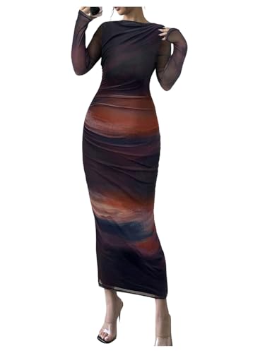 Image of Milumia Women's Tie Dye Boat Neck Long Sleeve Fall Dress Ruched Bodycon Maxi Slimming Dresses Cocktail Party